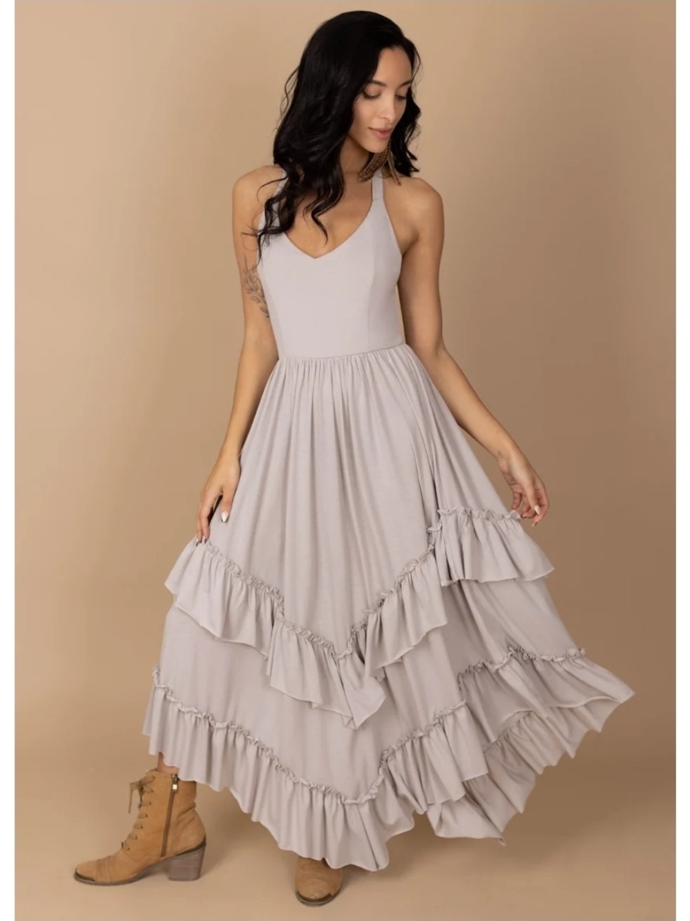 Joyfolie Sleeveless V-Neck Tiered Ruffle Maxi Dress - Light Taupe